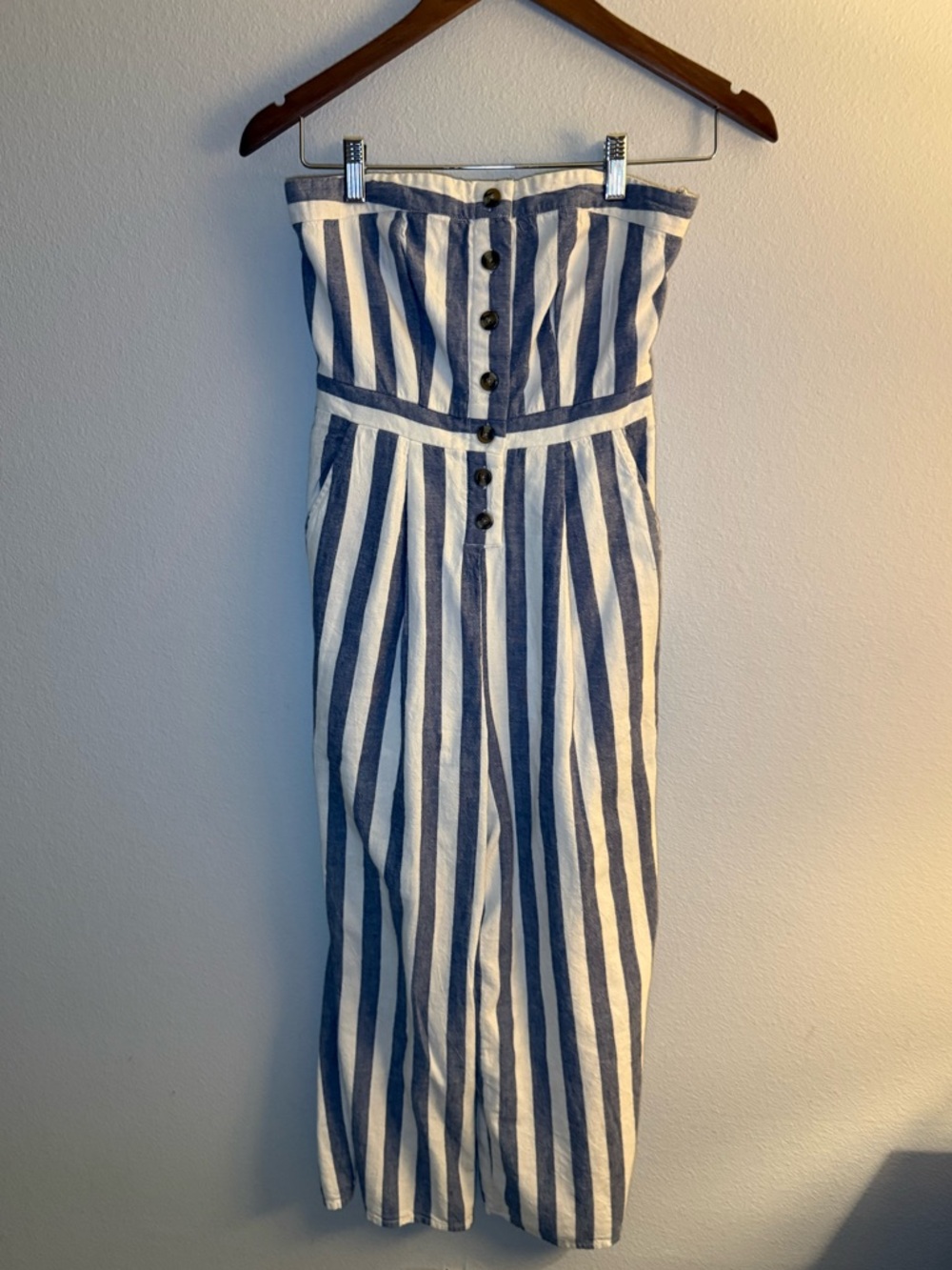 American Eagle Outfitters Blue and White Striped Strapless Jumpsuit
